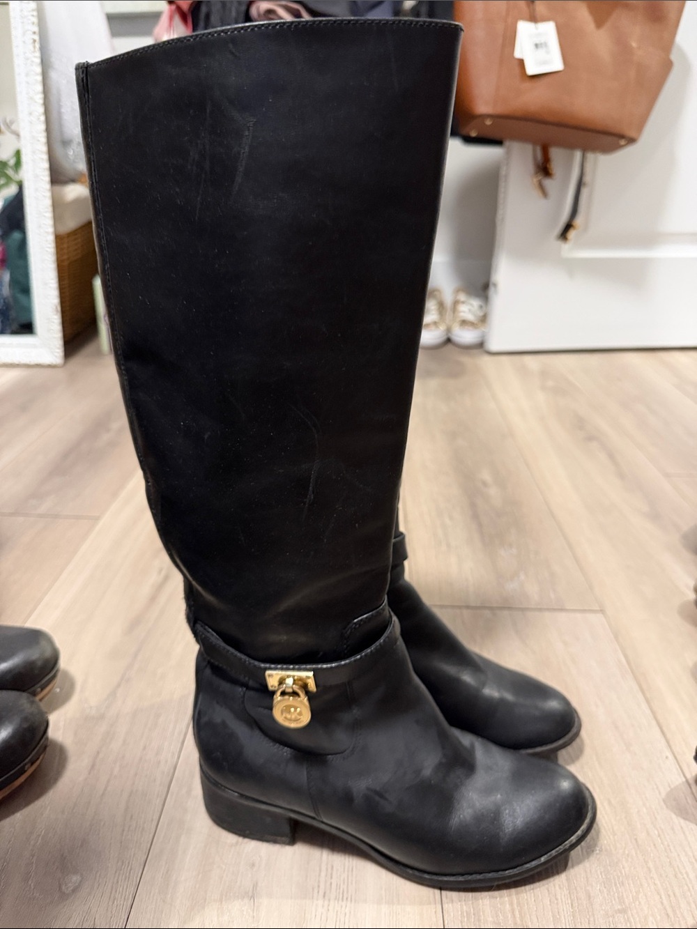 Michael Kors Black Leather Knee Boots with Gold Tone Charm